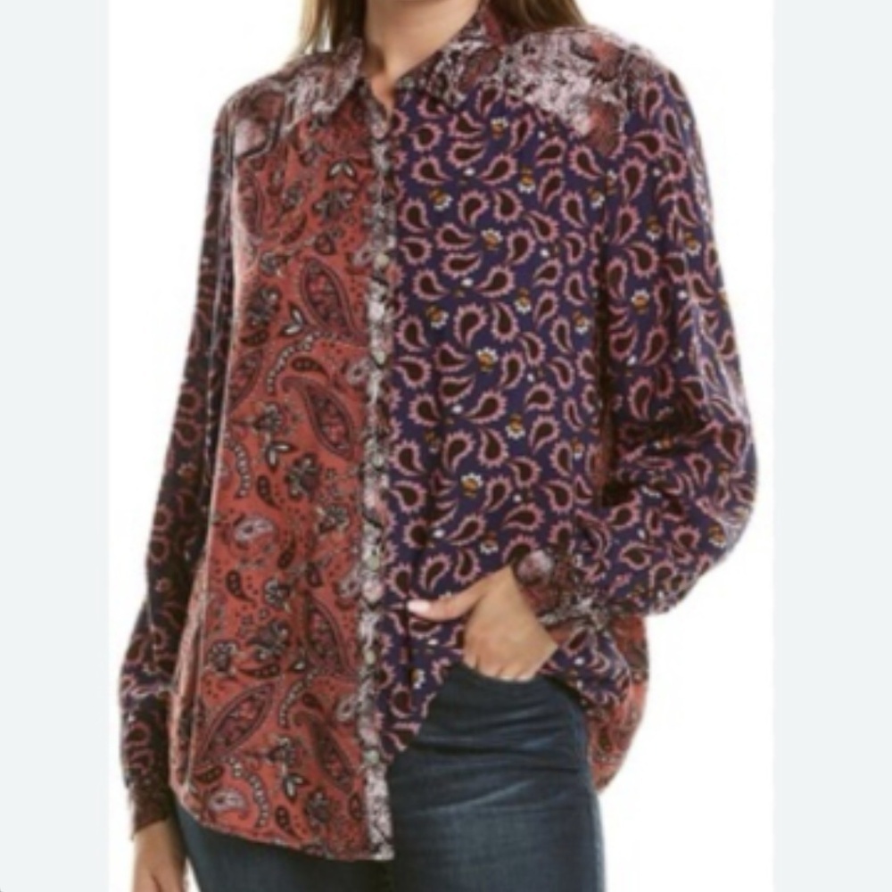 Beachlunchlounge Gabriella Paisley Bohemian Mixed Media Boho Button Down Shirt S